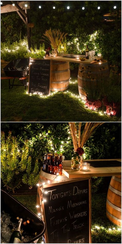 Backyard Wedding Bar, Outside Table, Wine Barrel Bar, Bar Deco, Diy Outdoor Bar, Barrel Bar, Rustic Wedding Decorations, Deco Champetre, Bar Exterior