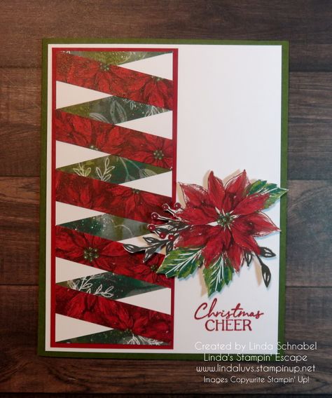 #BoughsofHolly #christmascards #stampingtechniques #designerpaper #poinsettiacards #stampinup #papercraftingtechiques #lindasstampinescape Christmas Dsp Cards, Ribbon Cards Handmade, Double Twisted Ribbon Technique, Christmas Folding Cards, Ribbon Cards Ideas, Christmas Cards Su, Christmas Cards Ideas Diy, Handmade Christmas Cards 2023, Su Christmas Cards 2022-2023