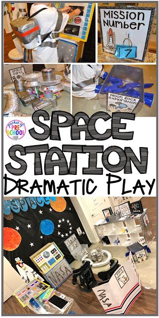 Space Station dramatic play! How to make your center into a space station and add math, literacy, and STEM into their play. For preschool, pre-k, and kindergarten. Space Station Dramatic Play, Add Math, Kindergarten Montessori, Space Theme Preschool, Dramatic Play Themes, Space Activities For Kids, Space Lessons, Space Preschool, Dramatic Play Printables