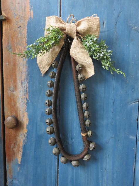 Christmas Sleigh Bells Decorations, Decorate With Sleigh Bells, Antique Sleigh Bells, Sleigh Bells On Leather Strap, Decorating With Sleigh Bells, Sleigh Bells Decorations, Antique Sleigh, Belt Ideas, Christmas Outdoors