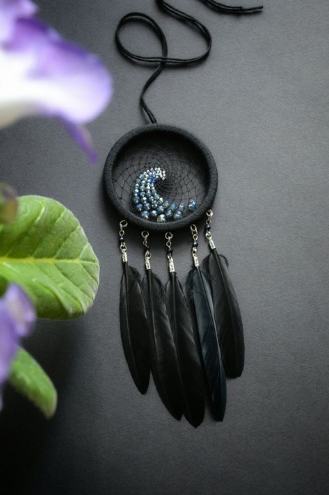 The black dream catcher with ocean wave ornament for car! It is made of a wooden hoop, sparkling glass beads, black marabou feathers. Small dream catcher amazing beauty. Ocean Themed Dream Catcher, Gemstone Dream Catcher, Ocean Dream Catcher, Gothic Dream Catchers, Easy Dream Catcher Diy, Wave Ornament, Dream Catcher Black, Beaded Dream Catcher, Bed Canopies