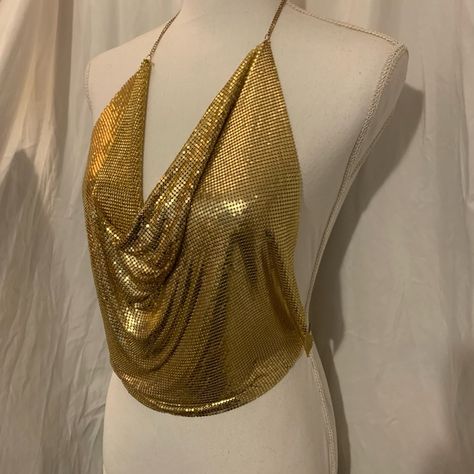 Gold metal mesh Halter top Sparkly Halter Top, Mesh Halter Top, Top With Chain, Gold Top, Metal Mesh, Halter Top, Mesh Top, Gold Metal, Tights