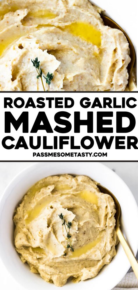 Roasted Garlic Mashed Cauliflower - The perfect gluten-free, veggie-centric side dish for any dinner or holiday meal! Roasted Garlic Mashed Cauliflower is creamy, garlicky, luscious side dish recipe that requires only 25-minutes to make! Garlic Mashed Cauliflower, Gluten Free Recipes Side Dishes, Garlic Cauliflower, Cauliflower Puree, Gluten Free Sides, Gluten Free Sides Dishes, Delicious Gluten Free Recipes, Low Carb Side Dishes, Garlic Mashed