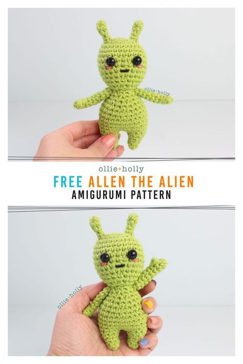 Free Allen The Space Alien Amigurumi Crochet Pattern - Ollie + Holly | Amigurumi Crochet Patterns Crochet Monsters, Crochet Geek, Crochet Animals Free Patterns, Crochet Design Pattern, Crochet Amigurumi Free, Fun Crochet Projects, Halloween Crochet, Diy Crochet Projects, Crochet Videos