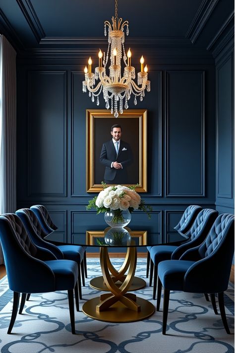 Luxurious navy dining room with crystal chandelier Blue Dining Room Walls And Ceiling, Deep Blue Dining Room Walls, Blue Wainscoting Dining Room, Navy Dining Room Ideas, Dark Navy Dining Room, Dining Room Paint Colors 2024, Navy Accent Wall Dining Room, Dark Blue Dining Room Walls, Dining Room With Wainscotting