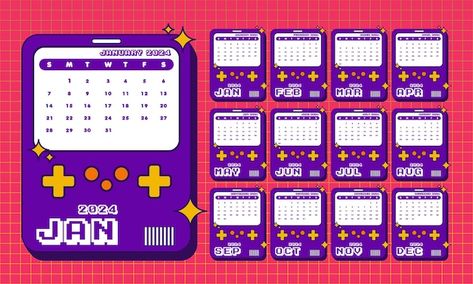 2024 calendar with retro style | Premium Vector #Freepik #vector #sign #background #new #holiday Video Game Calendar, Retro Calendar, Pixel Games, Digital Calendar, 2024 Calendar, Aesthetic Y2k, Calendar Design, Game Design, Premium Vector