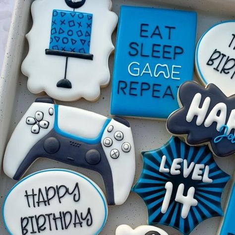 🌙 baked with magic since 2017 ✨ on Instagram: "Eat. Sleep. Game. Repeat. PS5 birthday cookies 💙🎮 . . . . #gamercookies #gamer #ps5 #ps5birthday #playstationbirthday #playstationcookies #playstation5 #gamerbirthday #playstationparty #playstationgamer #playstation #gamerparty #customcookies #customsugarcookies #sugarcookies #sugarcookiesofinstagram #decoratedcookies #cookiedecorator #cookiedecorating #birthdaycookies #playstationcommunity #catchmyparty #eventplanner #orlando #orlandocookies #orlandosweets #orlandotreats #orlandodesserts #orlandobakery #orlandobaker" Ps5 Cookies Decorated, Playstation Cookies, Gaming Cookies, Video Game Cookies, Video Game Party Food, Gamer Cookies, Playstation Birthday, Playstation Party, Ferrari Party