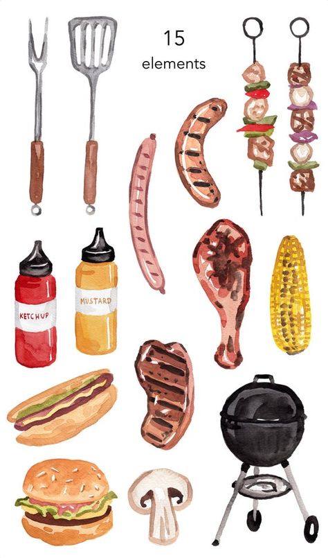 WATERCOLOR CLIPART, bbq clipart, food, grill summer kitchen, camping watercolour clipart set, commer Watercolour Food Illustrations, Bbq Watercolor, Grill Drawing, Grill Illustration, Bbq Illustration, Bbq Drawing, Grill Clipart, Bbq Clipart, Bbq Art