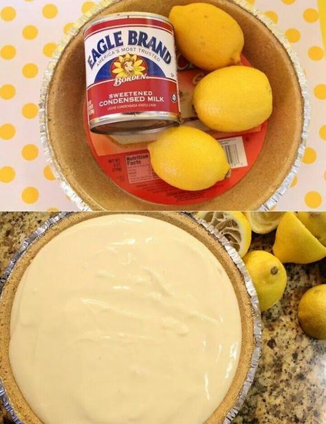 3 ingredient no bake lemon pie 3 lemons I can Eagle Brand Sweetened Condensed Milk Graham cracker crust Mix milk and lemon juice, pour in crust and refrigerate. No Bake Lemon Pie, Lemon Icebox Pie, No Bake Lemon, Lemon Pie Recipe, Condensed Milk Recipes, Eagle Brand, Lemon Pie, No Bake Pies, Lemon Desserts