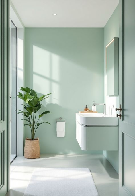 Green Bathroom Decor Light Mint Green Bathroom, Light Green And White Bathroom, Green Bathroom Decor Ideas, Mint Green Bathroom, Green Bathrooms Inspiration, Mint Green Bathrooms, Mint Bathroom, Color Bathroom Design, Color Bathroom