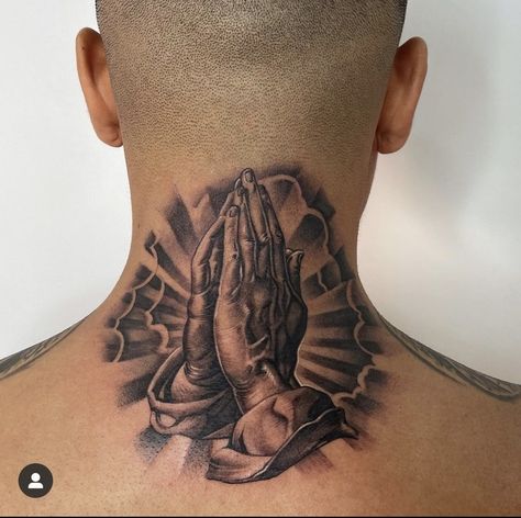 Made In Heaven Neck Tattoo, Blessed Tattoo For Men Neck, Praying Hands With Clouds Tattoo, Praying Hands Neck Tattoo, Jesus Neck Tattoo, Full Neck Tattoos, Best Neck Tattoos, African Tattoo, Gangsta Tattoos