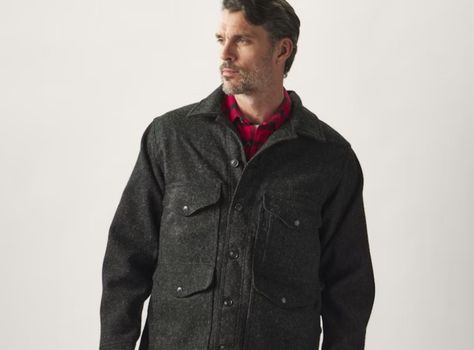 110 years later, Filson's Mackinaw Cruiser is still the jacket every man needs Mackinaw Cruiser, Filson Mackinaw, Rugged Fashion, Pendleton Woolen Mills, Camouflage Patterns, Needle Thread, Water Repellent Fabric, Wet Weather, Red And Black Plaid