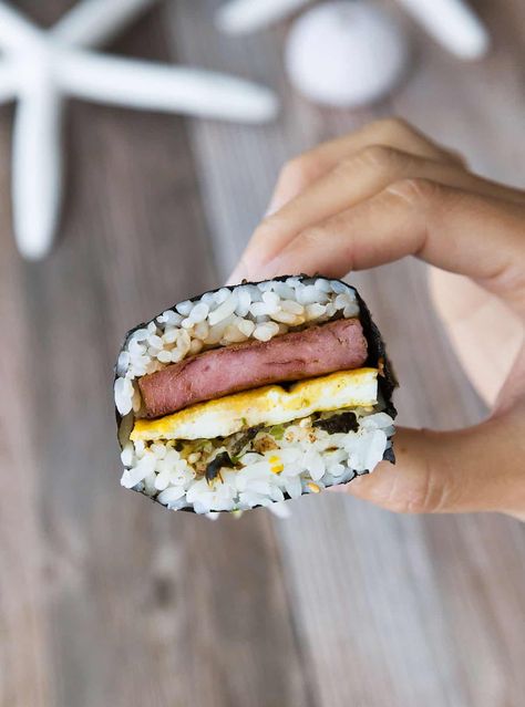 Spam Musubi with Egg and Furikake Teriyaki Spam, Spam Musubi, Island Food, Hawaiian Food, Hot Spicy, The Spot, Step By Step, Good Food, Egg