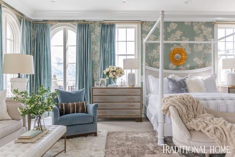 Ivory furniture, including a canopy bed, sofa, and tufted ottoman, offers a soft contrast. Rachel Parcell Bedroom, Rachel Parcell Home, Bedroom Lilac, Chinoiserie Bathroom, Gracie Wallpaper, Gorgeous Wallpaper, Alice Lane Home, Farmhouse Style Bedrooms, Bedroom Reveal