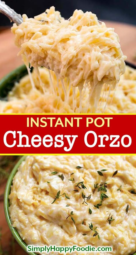 Instant Pot Cheesy Garlic Orzo is a delicious pasta side dish, and those little orzo pasta grains become so soft and creamy. It is very easy and quick to make pressure cooker orzo pasta! Instant Pot recipes by simplyhappyfoodie.com #instantpotpasta #instantpotorzo Garlic Orzo, Pasta Instant Pot, Pasta Side Dish, Simply Happy Foodie, Pasta Side, Pasta Food Recipes, Pasta Side Dishes, Orzo Recipes, Pasta Sides