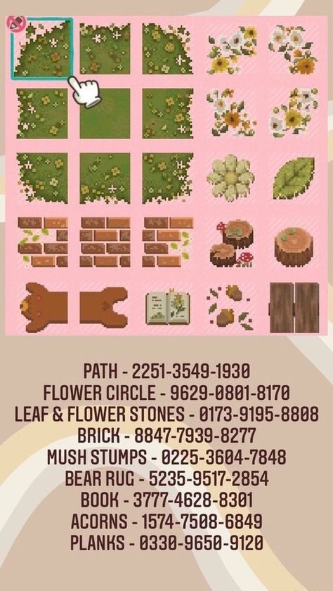 Cottage Core Acnh Path, Acnh Core Ideas, Pathway Acnh Codes, Forest Codes Acnh, Acnh Forest Core Codes, Acnh Villager Icons, Acnh Forestcore Design Codes, Boho Animal Crossing Codes, Acnh Cliff Bridge