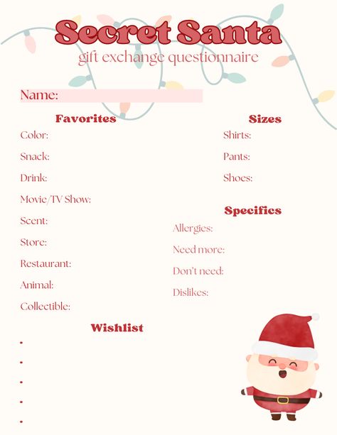 Secret Santa Drawing Names Ideas, Christmas Secret Santa Questions, Kids Secret Santa Questionnaire, Secret Santa Aesthetic, Secret Santa Themes, Secret Santa Rules, Secret Santa Questions, Secret Santa List, Middle School Lockers