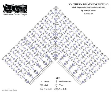 Southern Diamonds Poncho Left-Handed Stitch Diagram by ELK Studio Crochet Hat Ideas, Crocheted Slippers, Crochet Scarfs, Crochet Poncho Free Pattern, شال كروشيه, Chic Quilts, Crochet Poncho Patterns, Poncho Pattern, Hat Ideas