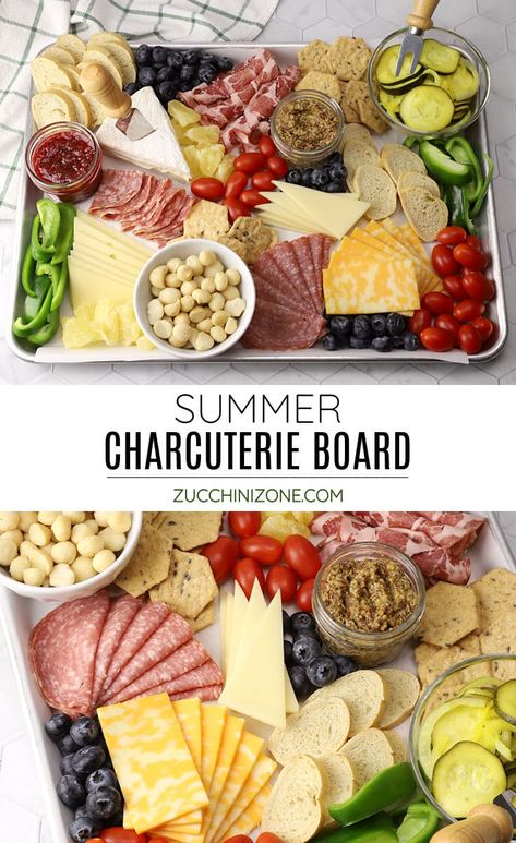 Summer charcuterie board by Zucchini Zone. Make a summer charcuterie board with your favorite meats, cheeses, and summer produce. This appetizer tray is filled with fresh, seasonal flavors and makes a great addition to your next picnic or barbecue. #summercharcuterieboard #charcuterieboard #summerappetizers #summerfingerfoods #recipe Zucchini Appetizers, Summer Finger Foods, Summer Charcuterie Board, Summer Charcuterie, Summer Vegetable Recipes, Zucchini Appetizer, Summer Fruit Recipes, Raw Zucchini, Zone Recipes