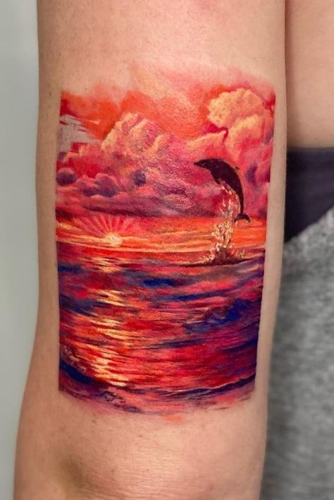 Sunset Tattoo Meanings - How Unique Is Your Tattoo? Griffin Tattoo, Dolphin Tattoos, Sunrise Tattoo, Tattoos Masculinas, Dolphin Tattoo, Sunset Tattoo, Tattoos And Meanings, Dolphins Tattoo, Sunset Tattoos