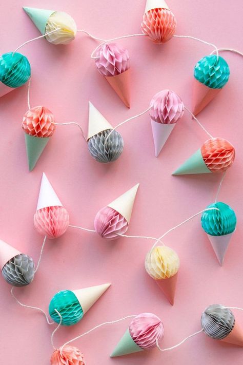 Adorable ice cream cone garland! Ice Cream, Cream, Birthday, Pink, Blue, White, Instagram