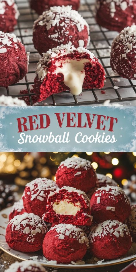 Red Velvet Snowball Cookies with White Chocolate Filling Recipe - Emma's Cake Studio Yo Yo Cookies, Fireball Cookie Balls, White Velvet Sugar Cookies, Inside Out Red Velvet Cookies, Red Velvet Thumbprint Cookies Christmas, Old Fashioned Date Filled Cookies, Red Velvet Pizzelle Recipe, Red Velvet Cookies With White Chocolate, Red Velvet Snowballs