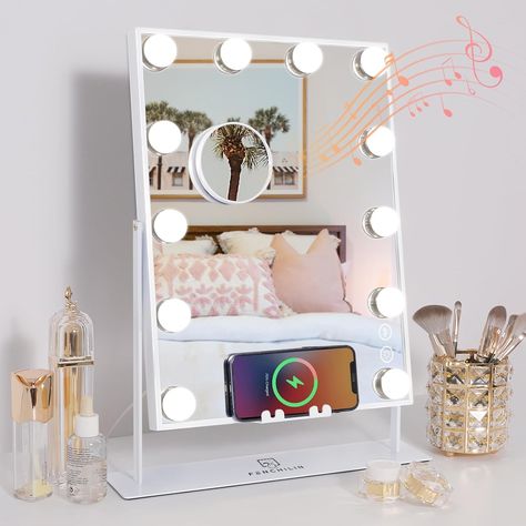 FENCHILIN White Vanity Mirror with Lights Wireless Charger Bluetooth Speaker Hollywood Makeup Mirror with 12 Dimmable Bulbs 3 Color for Glam Room Bedroom Detachable 10X Magnification Bluetooth Vanity Mirror, White Vanity Mirror, Dimmable Lights, Hollywood Mirror With Lights, Bulb Mirror, Hollywood Makeup Mirror, Makeup Vanities, Vanity Mirror With Lights, Hollywood Vanity Mirror