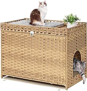 Cat Litter Box Enclosure with Soft Litter Mat; Hidden Cat Washroom Furniture with Door; Handwoven Rattan Cat House with Large Space; Pet Crate for Living Room, Bedroom, Balcony (Natural) Washroom Furniture, Cat Crate, Cat Litter Box Enclosure, Litter Box Enclosure, Litter Mat, Senior Cat, Pet Crate, Bedroom Balcony, Space Cat