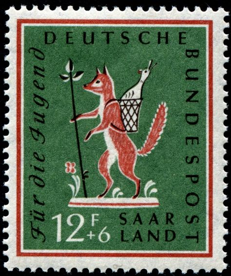 "Fox, You've Stolen the Goose. Give it back! Give it back!" Here is an image of a semi-postal (charity) stamp illustrating this popular children's song in Germany, designed by German artist Ernst Göhlert (1904- ), printed by lithography, and issued for use in Saar on April 1, 1958, Scott No. B121, Michel No. 433. Fox Stamp, طوابع بريد, German Stamps, Postage Stamp Design, Folk Songs, The Goose, Fox Illustration, Postage Stamp Art, Vintage Postage Stamps