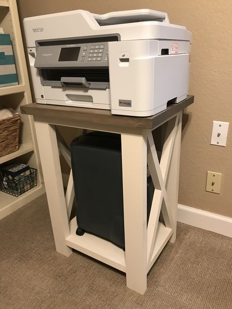 Diy Printer Stand Ideas, Printer Stand Diy, Printer Table Ideas, Printer Stand Ideas, Diy Printer Stand, Farmhouse Desk Diy, Downstairs Office, Printer Table, Printer Storage