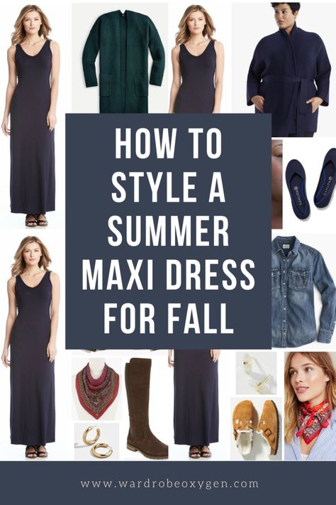 how to style a summer maxi dress for fall Long Dress In Winter How To Wear, Fall Outfits Maxi Dress, Casual Winter Maxi Dress, Maxi Dress In The Winter, Maxi Dress At Work, Maxi Dress In The Fall, Navy Dress Casual Outfit, Summer Dress For Winter Outfit, What To Wear Over Maxi Dress