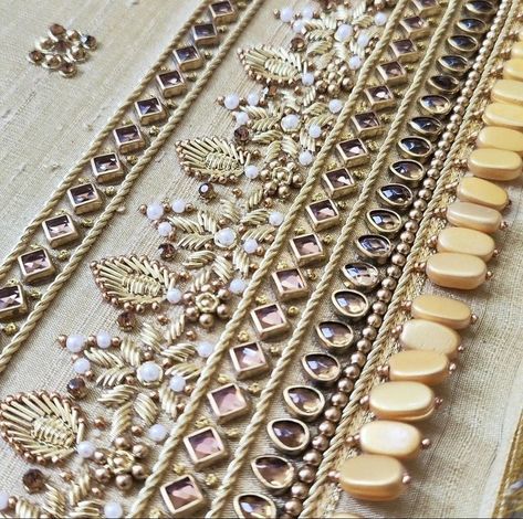 Kundan Embroidery Work Suits, Zardosi Embroidery Border Designs, Gold Work Embroidery Blouse, Hand Work Zardosi Border, Saree Handwork Designs, Zardozi Embroidery Designs, Zari Work Embroidery, Stone Work Blouse, Khatli Work