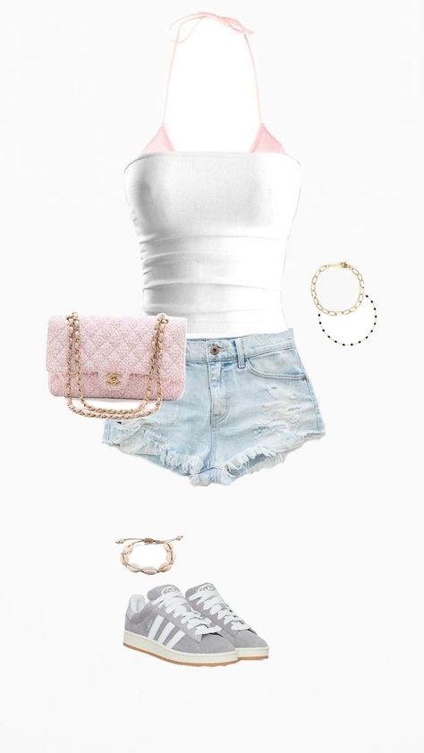 a tube top,Adidas campus,hand purse,bracelets, bikini pink Ariana Grande Summer Outfits, Summer Polyvore Outfits, Outfit Ideas Summer, Cute Outfit, Polyvore Outfits, Summer Outfits, Outfit Ideas, Cute Outfits, Polyvore