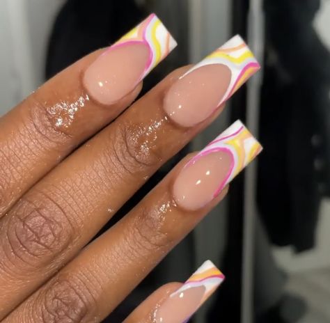 Yellow Nails Design French Tip, Blue And Yellow French Tip Nails, Blue French Tip Nails Black Women, Short Cute French Tip Nails Black Women, Summer Nail Sets, Blue French Tips With Swirls, Acrylic Nail Set, Edgy Nails, Her Nails