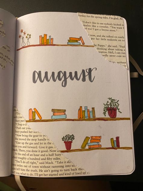 Bullet journal cover page book theme Library Bujo Theme, Book Journal Cover Page, August Bujo Cover, Reading Journal Cover Page, August Cover Page, 2025 Bujo, Bujo 2025, Journal 2025, Journal Cover Page