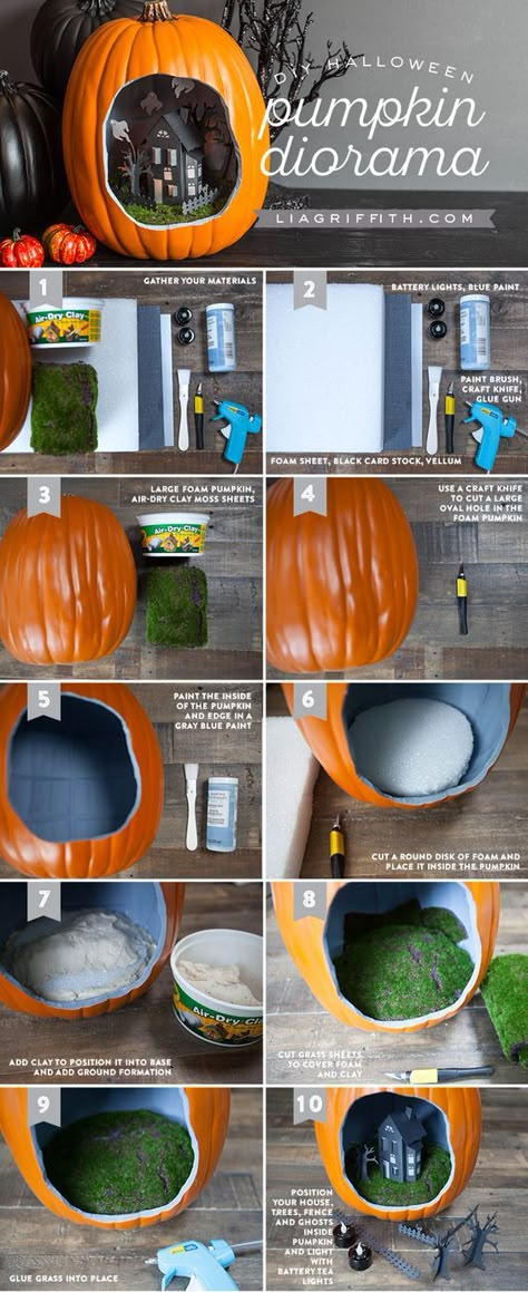 Looking for Halloween pumpkin decorating ideas? This spooky DIY pumpkin diorama is the perfect project with which to decorate your house this Halloween. * * * #pumpkins #halloween #halloweendecorations #diyhalloween #carvingpumpkins #madewithlia Pumpkin Diorama, Halloween Diorama, Halloween Pumpkin Diy, Super Scary, Pumpkin Contest, Casa Halloween, Pumpkin House, Adornos Halloween, Halloween Tree