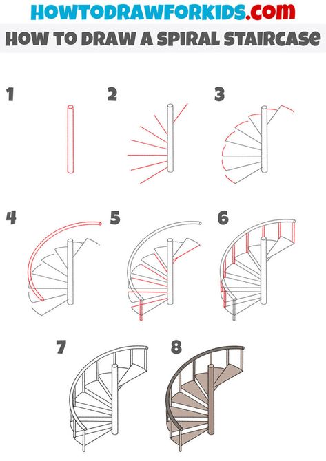 How to Draw a Spiral Staircase - Easy Drawing Tutorial For Kids How To Draw A Spiral, Stairs Drawing Tutorial, Architecture Drawing Beginner Step By Step, How To Draw Stairs Step By Step, Stairs Drawing, Staircase Drawing Easy, How To Draw Spiral Staircase, Spiral Stairs Drawing, Circular Staircase Drawing