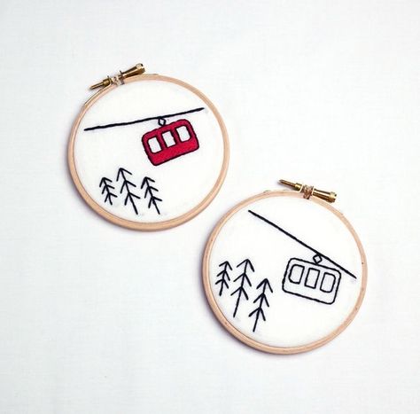 Cross Stitch Skiing, Ski Embroidery Design, Skier Embroidery, Skiing Embroidery, Embroidery Inspiration Simple, Tiny Embroidery Ideas, Ski Embroidery, Ski Gondola, Ski Art