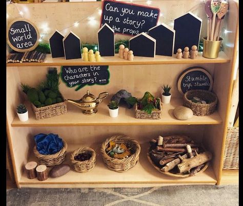 Reggio Small World Area, Reception Small World Area, Reggio Small World, Learning Provocations Classroom, Small World Area Early Years, Story Area Early Years, Shapes Provocations, Reggio Reading Area, Story Corner Ideas Eyfs