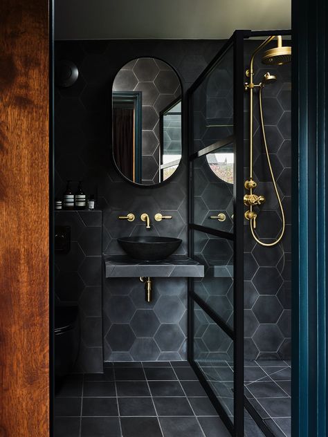 5 Tile Ideas We're Stealing from the Founder of Bert & May's Home Bert And May Tiles, Black And Gold Bathroom, Sophisticated Bathroom, Hexagon Tile, Encaustic Tile, Tile Companies, Gold Bathroom, Hexagon Tiles, Outdoor Tiles