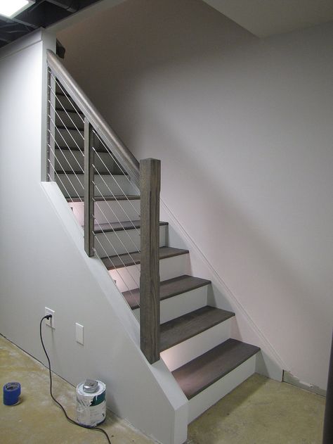 I stained the studio handrail and stair treads with General Finishes Grey Gel Stain. It worked well on the oak posts straight out of the can. The application o Gray Stair Treads, Staircase Design 2023, Stain Banister, Upstairs Flooring, Grey Wood Stain, Banister Ideas, Downtown House, Railing Makeover, Downstairs Ideas