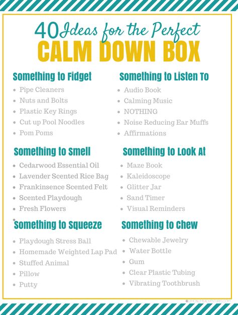 40 Ideas for the Perfect Calm Down Box Grounding Box Ideas, Therapy Box Ideas, Calm Box Ideas, Calming Transition Activities, Calm Down Crafts, Coping Skills Box, Sensory Coping Skills, Calm Down Quickly, Calming Art Activities