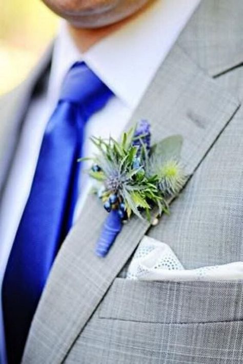 light gray grooms suit and royal blue tie and a boutonniere of thistle for summer royal blue wedding Grey And Royal Blue Suit, Suit With Royal Blue Tie, Grey Suit Blue Tie, Royal Blue Accessories, Cobalt Blue Weddings, Royal Blue Wedding Theme, Black Tie Wedding Invitations, Royal Blue Bridesmaids, Royal Blue Tie