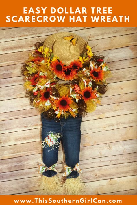 Picture Make A Scarecrow Hat, Dollar Tree Scarecrow, Scarecrow Wreath Diy, Scarecrow Hat Wreath, Make A Scarecrow, Scarecrow Hat, Diy Scarecrow, Fall Deco Mesh Wreath, Easy Fall Wreaths