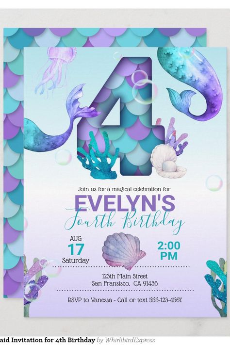 Mermaid Tail Mermaid Invitation for 4th Birthday Mermaid Invitation, Tail Mermaid, Mermaid Invitations, Mermaid Birthday Invitations, Fourth Birthday, Mermaid Birthday, Mermaid Tail, 4th Birthday, Birthday Invitations