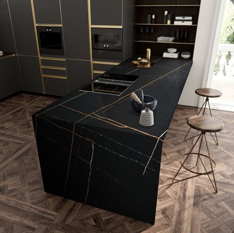 Black Gold Quartz Countertops, Black And Gold Marble Countertops, Black And Gold Quartz Countertop, Black And Gold Countertops, Black Quartz Kitchen Countertops, Kitchen Black Counter, Black And Gold Pattern, House Refurbishment, Sage Kitchen