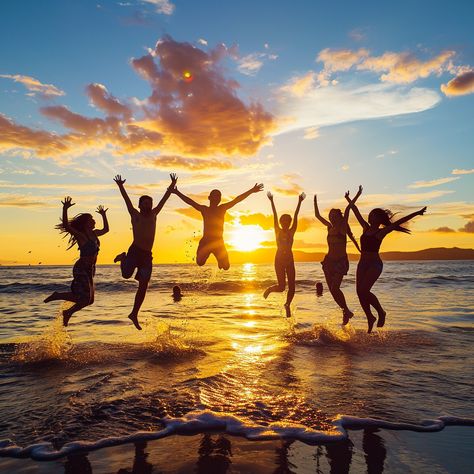 "Joyful Beach Sunset: A group of friends jumps high against a stunning #sunset backdrop on a sandy #beach. #friendship #happiness #jumping #aiart #aiphoto #stockcake ⬇️ Download and 📝 Prompt 👉 https://stockcake.com/i/joyful-beach-sunset_144783_18556" Beach Pose With Friends, Beach Photo Ideas For Friends, Group Beach Pictures Friends, Friends Group Aesthetic, Beach Friends Aesthetic, Friends Beach Pictures, Beach Sunset Images, Side Poses, Moon Manifestation