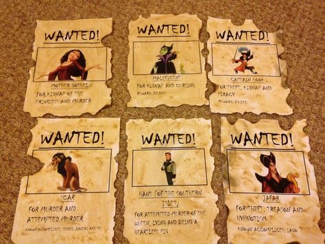 Today I made 'WANTED' posters for Disney villains. It was pretty easy - just created them on my laptop, tea stained and burnt the edges! I had to be a little creative thinking of the captions however! I plan to put them up at my disney themed 21st birthday party.  #disney #party #ideas #fancy #dress #disneyvillains #creating #decorations Disney Wanted Posters, Disney Theme Conference, Birthday Party Dress Up Themes For Adults, Wanted Disney Villains Poster, Disney Villain Party Decorations Diy, Disney Themed 21st Birthday Party Ideas, Villians Party Ideas, Villian Decorations, Villains Theme Party