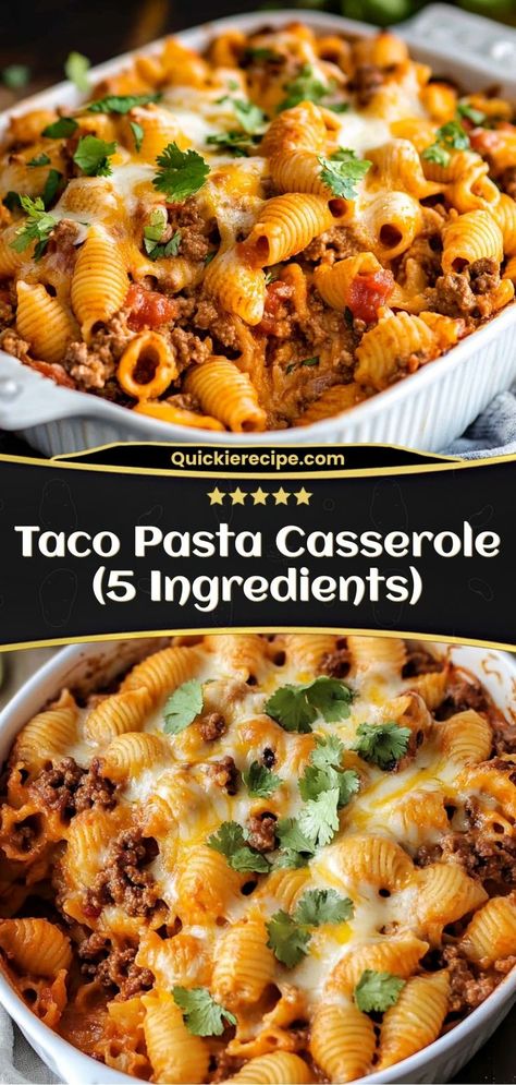 This Taco Pasta Casserole combines zesty ground beef, cheesy pasta, and taco flavors for an easy, family-friendly dinner made with just five ingredients! Ingredients: 1 lb ground beef 2 cups cooked pasta 1 cup shredded cheddar cheese 1 cup salsa 1 packet taco seasoning A cheesy, taco-inspired pasta bake that’s quick and delicious Taco Pasta Casserole, Taco Recipes Ground Beef, Taco Dishes, Cheesy Pasta Bake, Pasta Bake Easy, Southwest Recipes, Ground Beef Pasta, Fast Five, 5 Ingredient Dinners