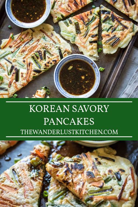 Craving a quick and delightful dinner? Try this Pajeon recipe! These Korean Pancakes are a mix of carrots, green onions, and a basic batter to create these irresistible, savory pancakes. Pair it with an irresistible honey-garlic-soy dipping sauce – perfect for a cozy evening! Korean Veggie Pancake, Savory Pancakes Recipe, Chives Pancake, Pajeon Recipe, Green Onion Pancake, Recipe Korean, Easy Korean Recipes, Korean Pancake, Vegetable Pancakes